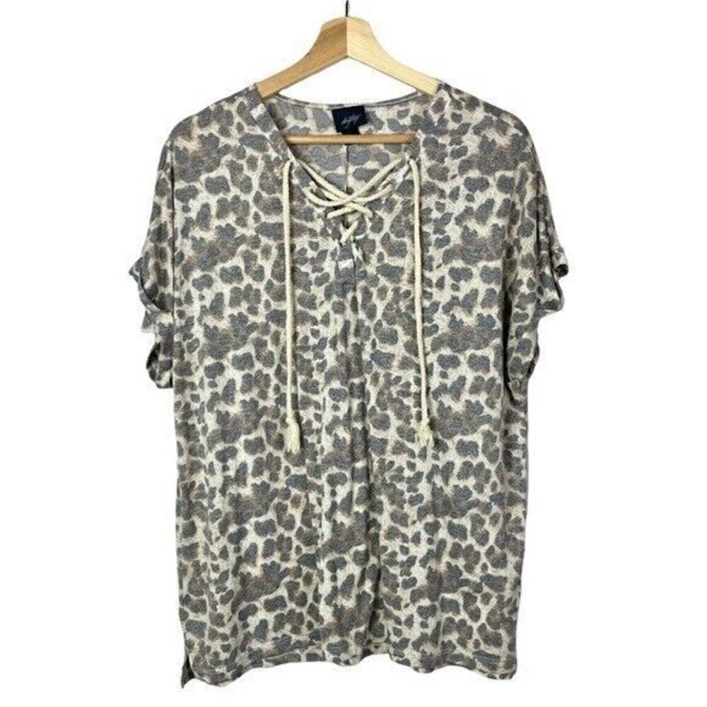 Daytrip Brown Leopard Print Lace Up Roll Cuff Short Sleeve T-Shirt XL